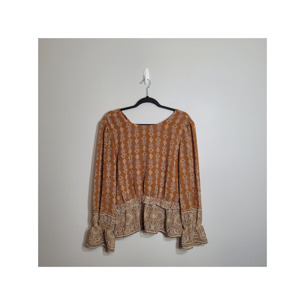 June & Hudson Brown Ruffled Peplum Blouse